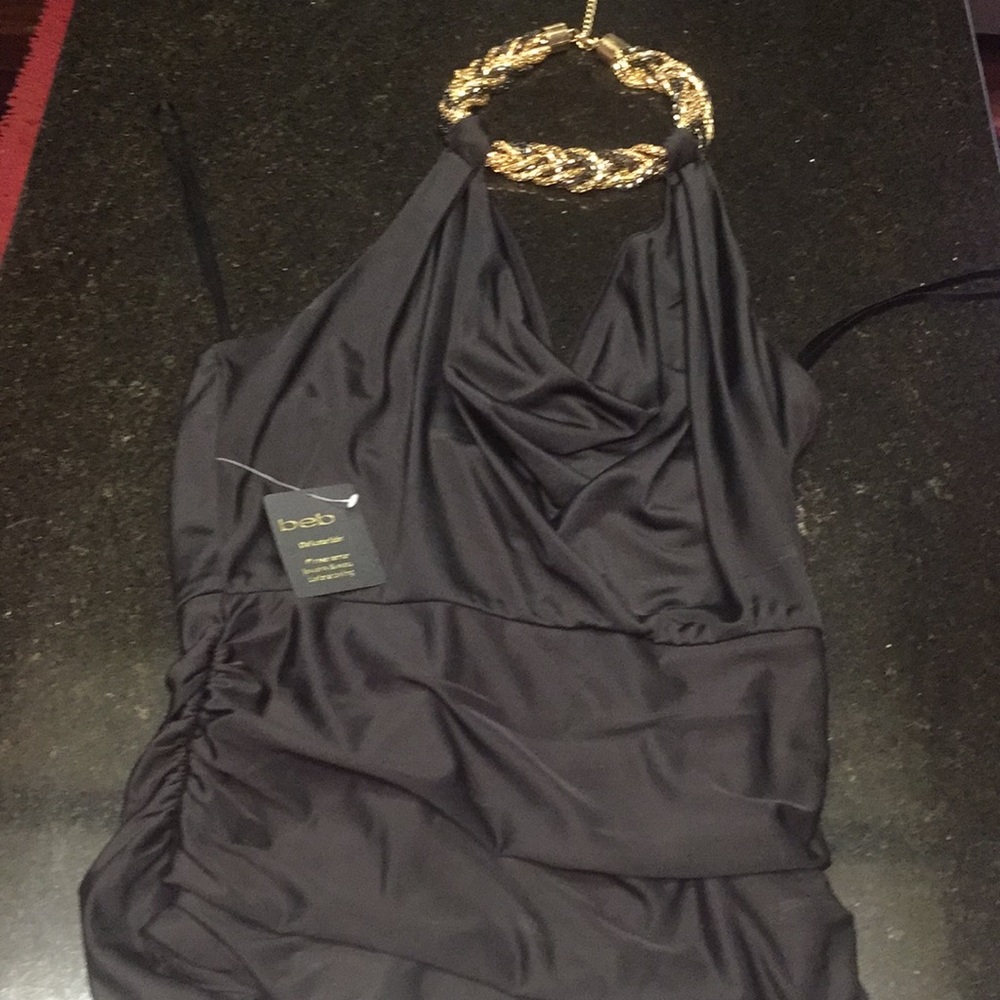 Black halter top w/black & gold beaded necklace